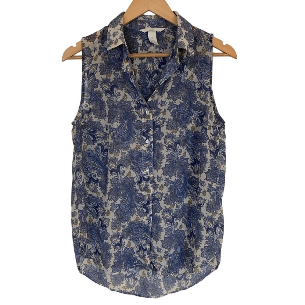 H&M Womens Blue Paisley‎ Sleeveless Top Size 4 Career Sheer Summer Lightweight